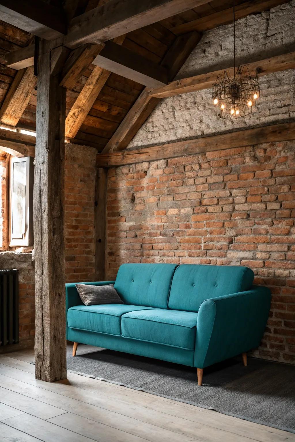 Rustic details introduce warmth and texture to a teal settee setting.