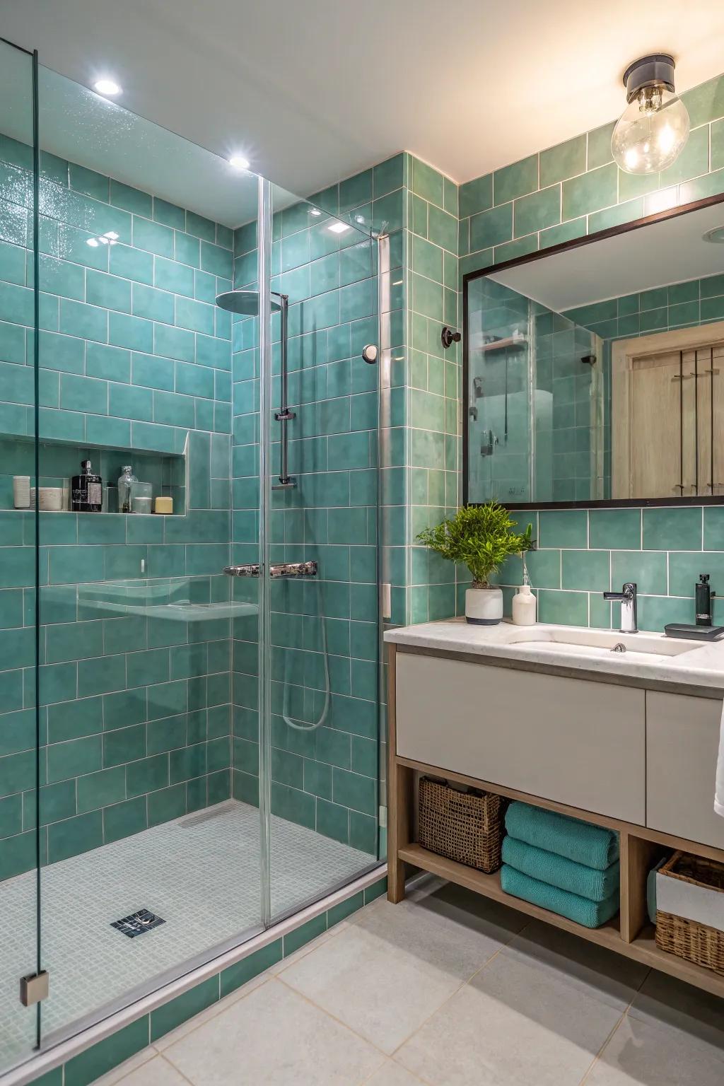 Teal tiling and current fixtures transform your bathing space into a spa retreat.