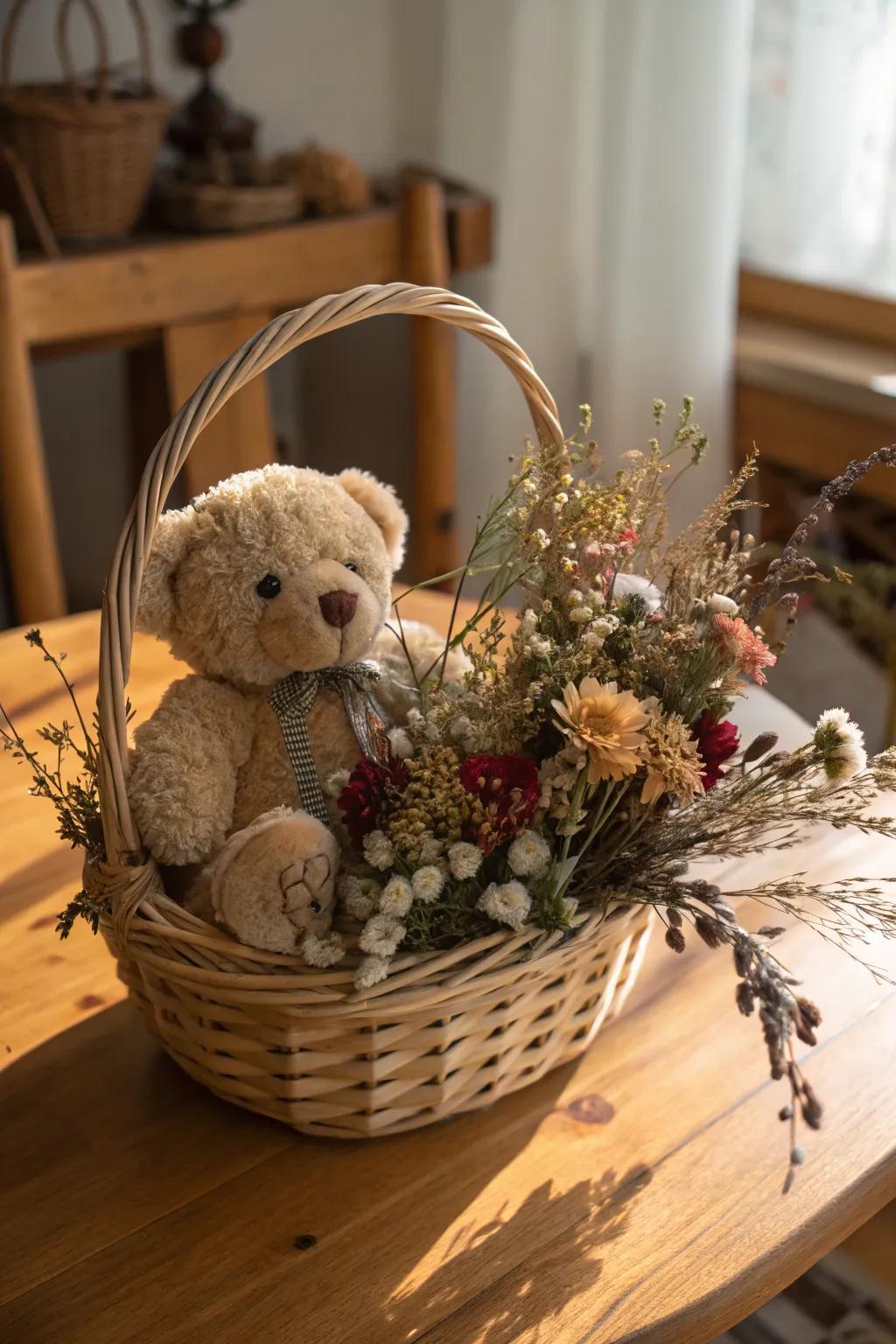 Nature's receptacle featuring a cuddly bear and dried flowers.