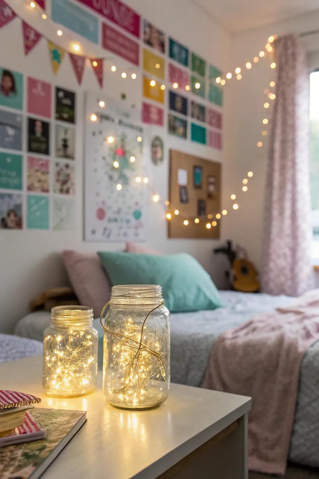 Pixie lights in jars add charming tabletop decor.