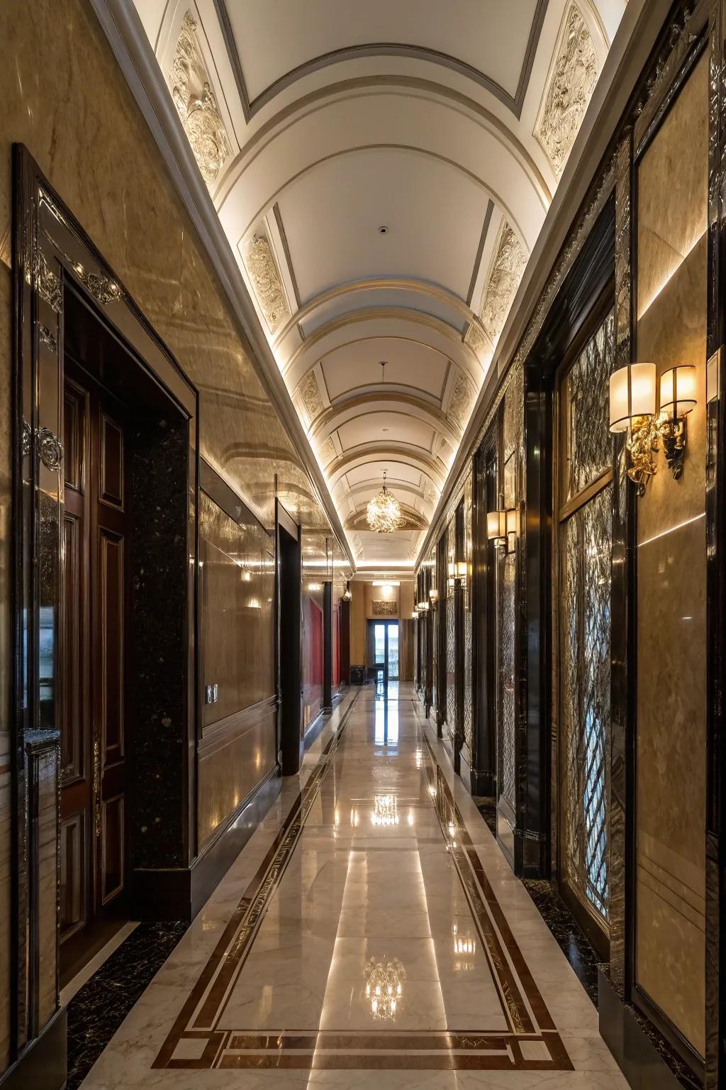 An elegant hallway showcasing high-gloss lacquered paint.