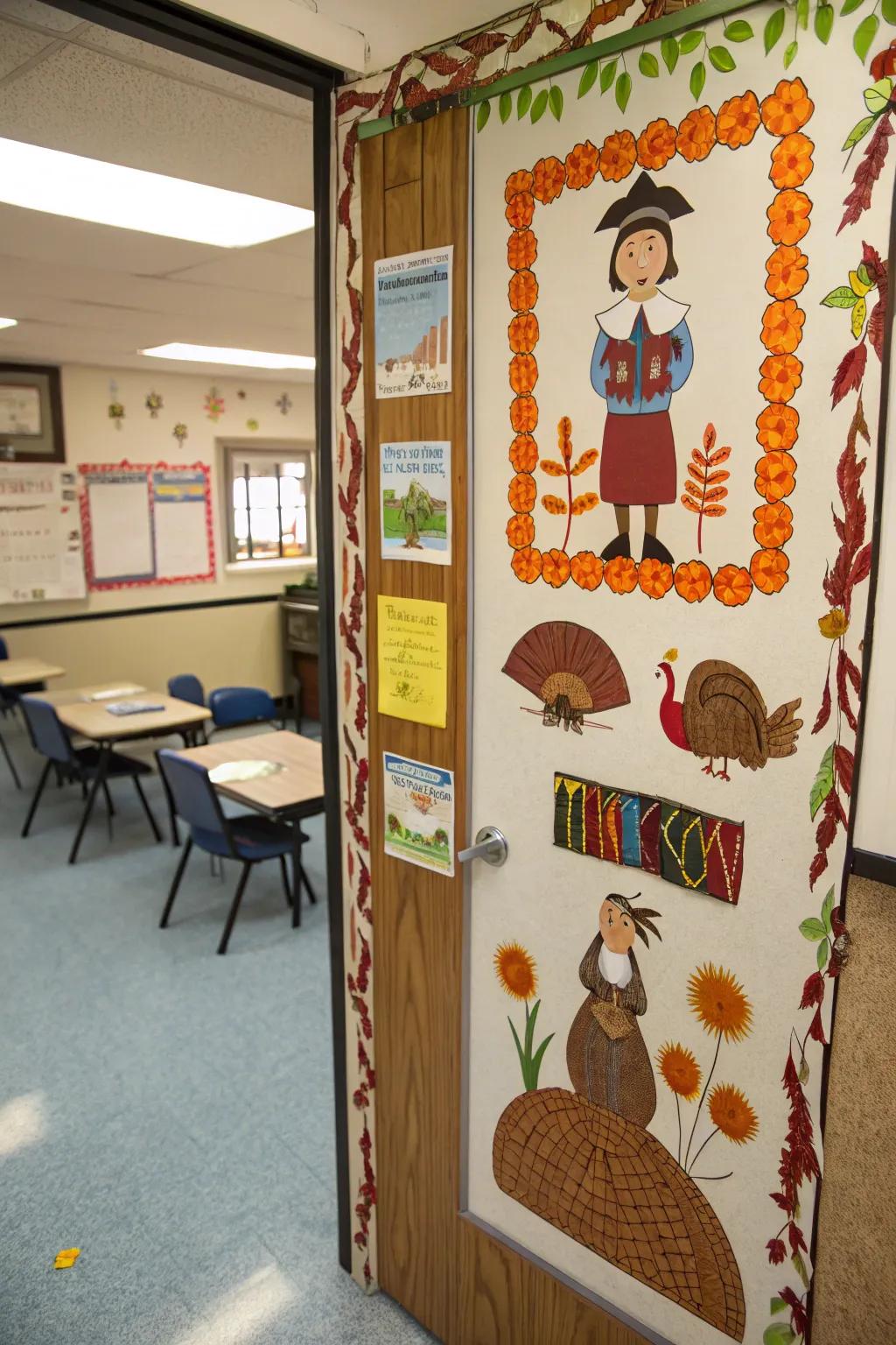 A historical Thanksgiving doorway, blending education and art.