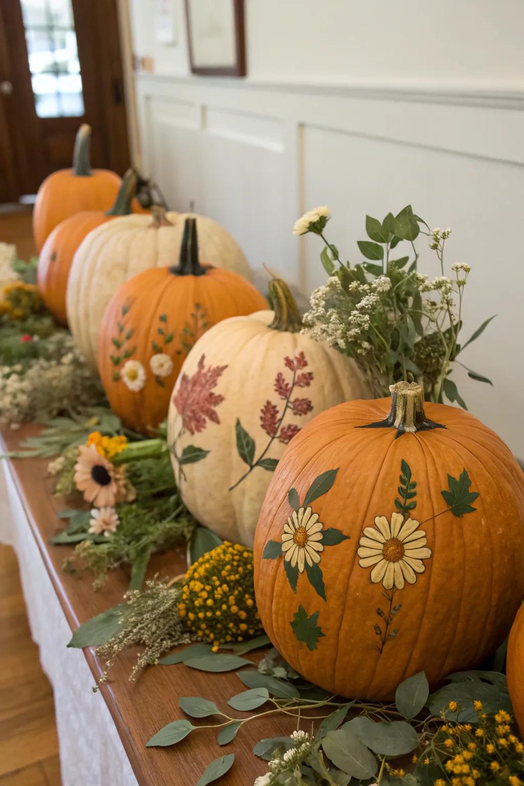 Pressed flower pumpkins offer a special decorative twist.