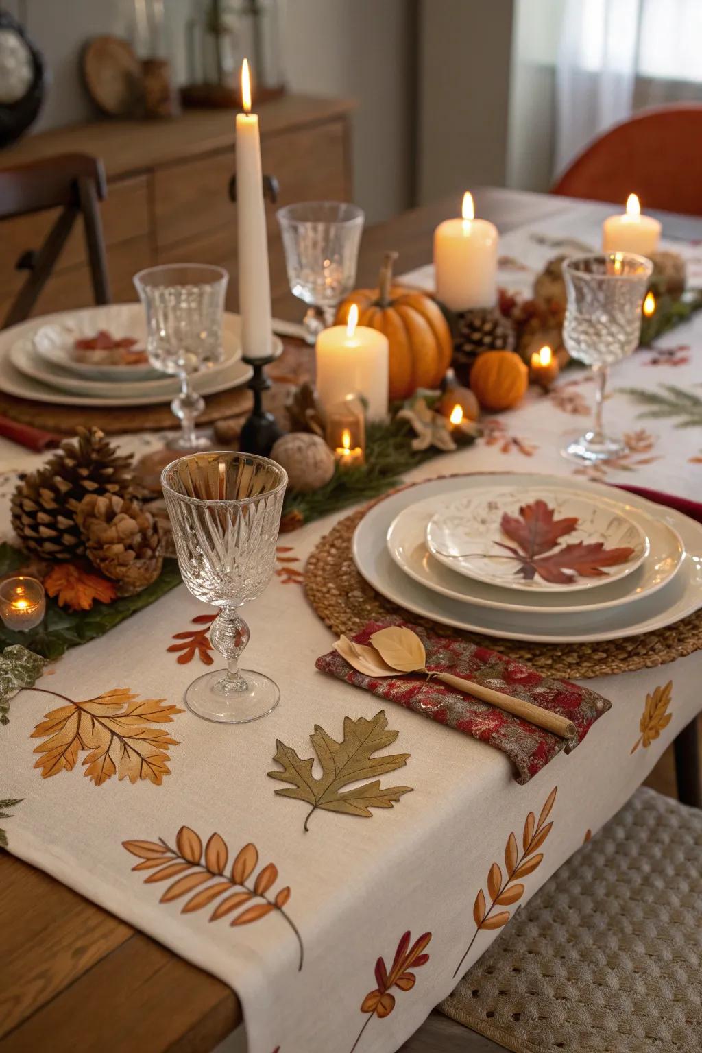 A concept-driven table cover unites your Thanksgiving presentation.