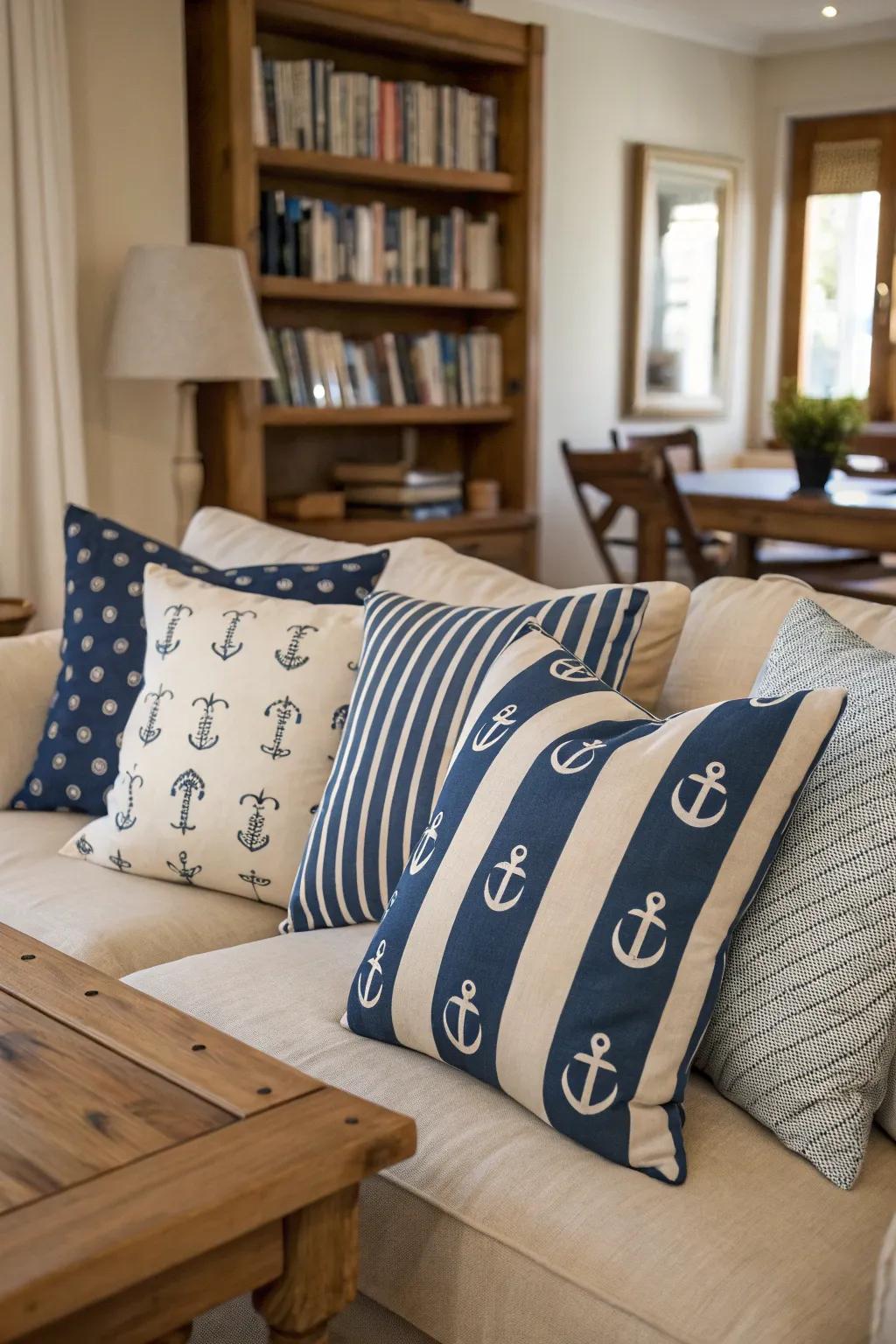 A cohesive and stylish nautical theme with themed cushions.