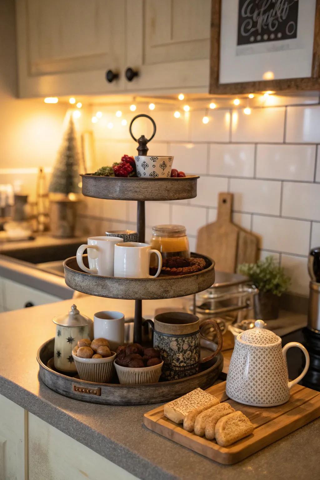 A coffee-themed tiered tray is ready for a morning brew.