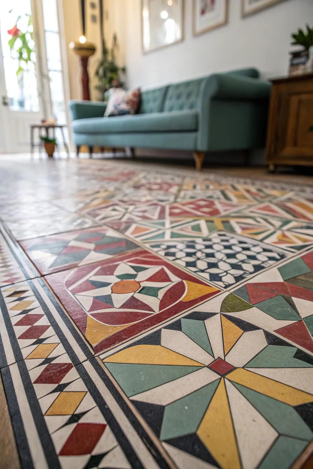 Geometric tile patterns add a modern, edgy vibe to this living room.