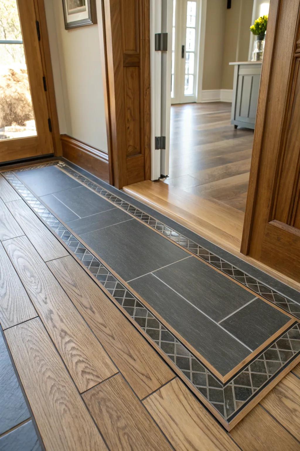 Layered inlays create a welcoming transition between ceramic and timber floors.