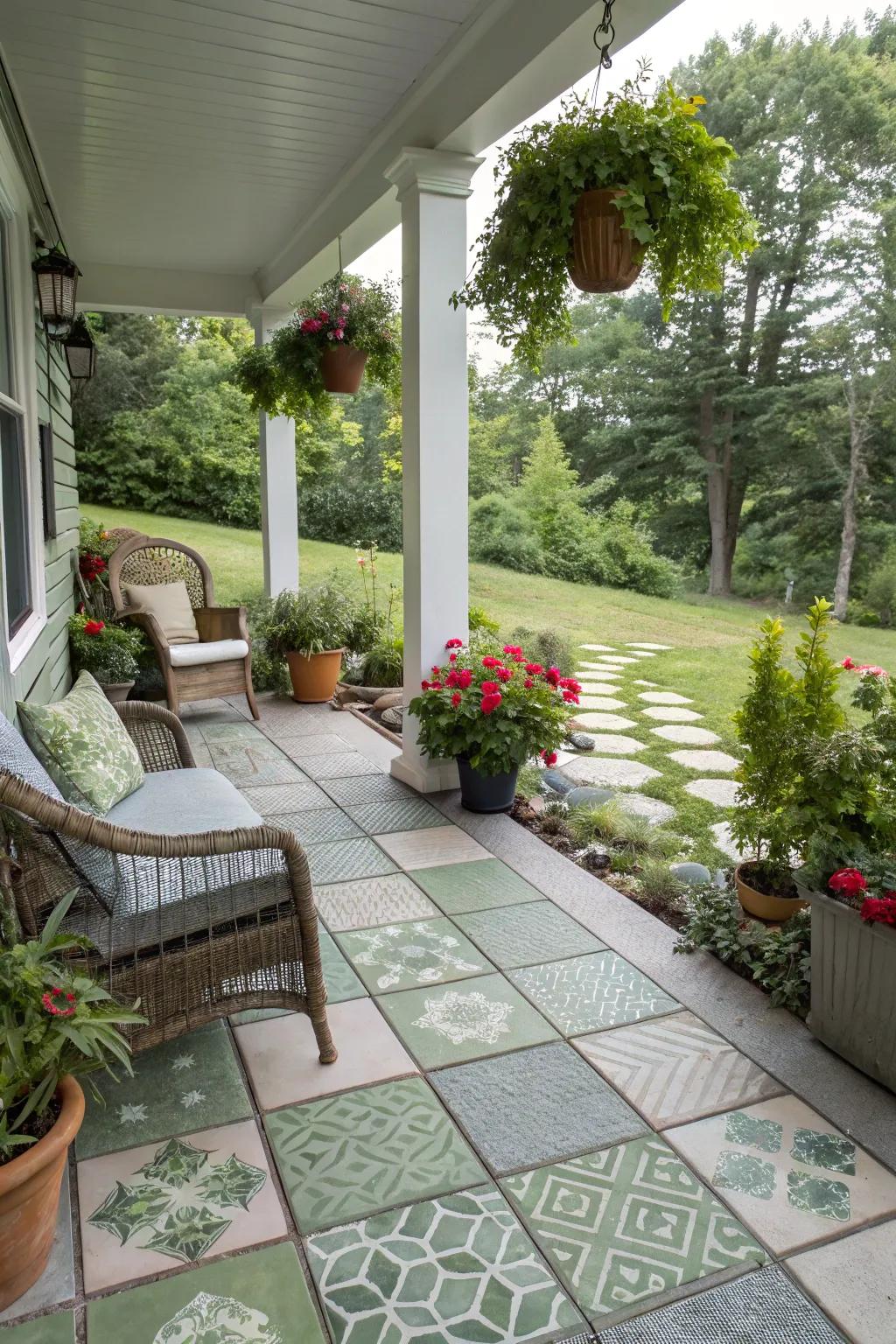 These eco-friendly tiles offer a stylish and sustainable porch design.