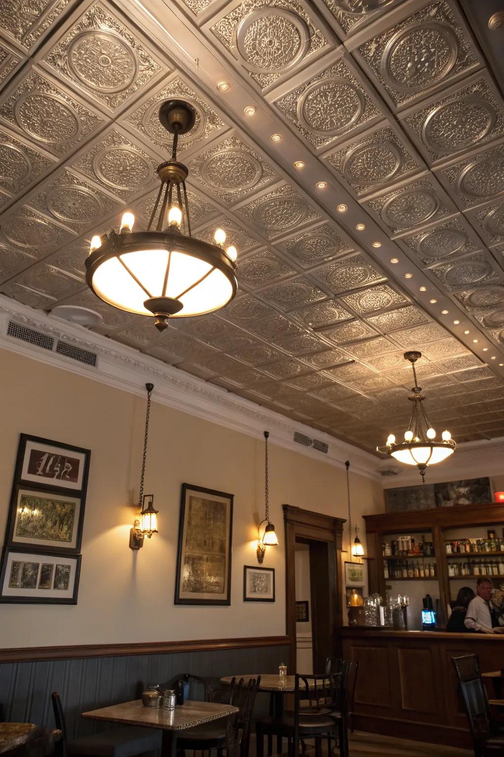 Layered illumination enhances metallic ceiling beauty.