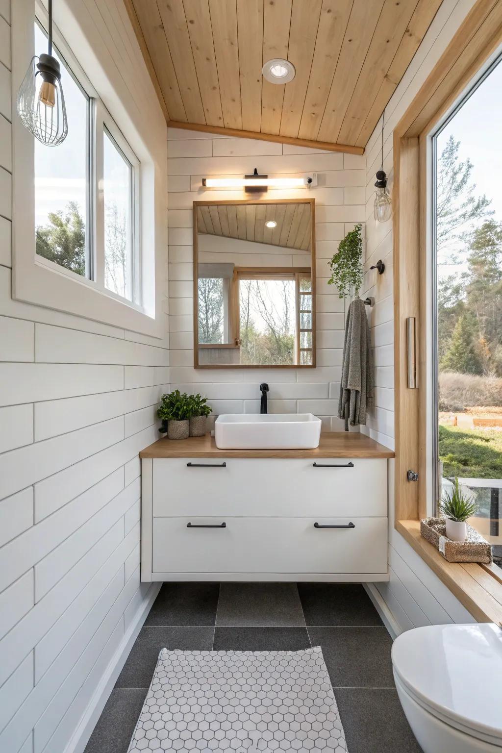Elevated washstands craft a sense of openness and modernity.