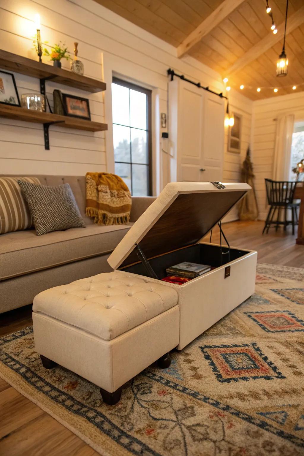 Ottoman featuring concealed storage within a petite house lounging space