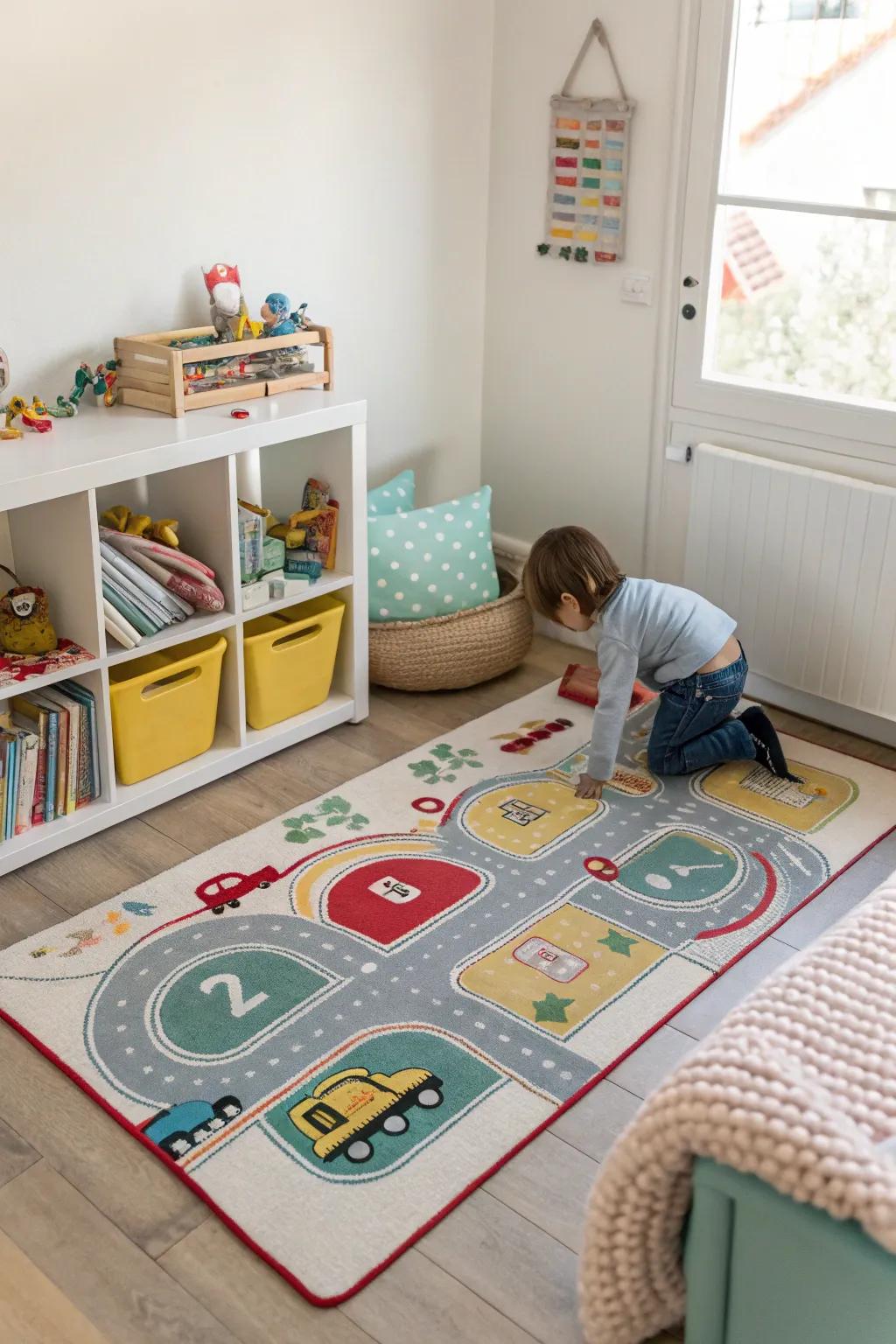 Playful carpet designs add both vibrancy and functionality.