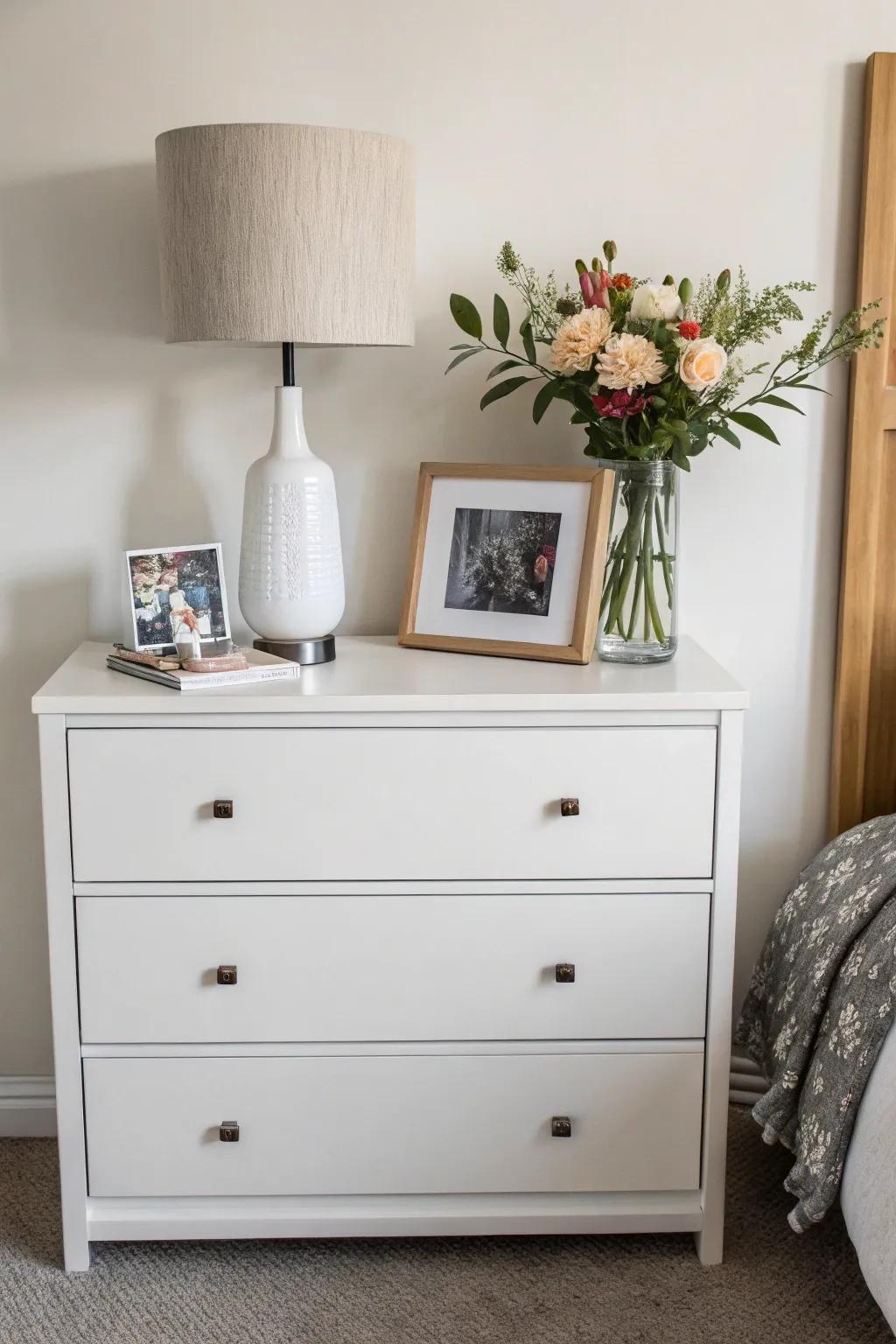 Minimalist chic emphasizes simplicity and elegance in dresser decor.