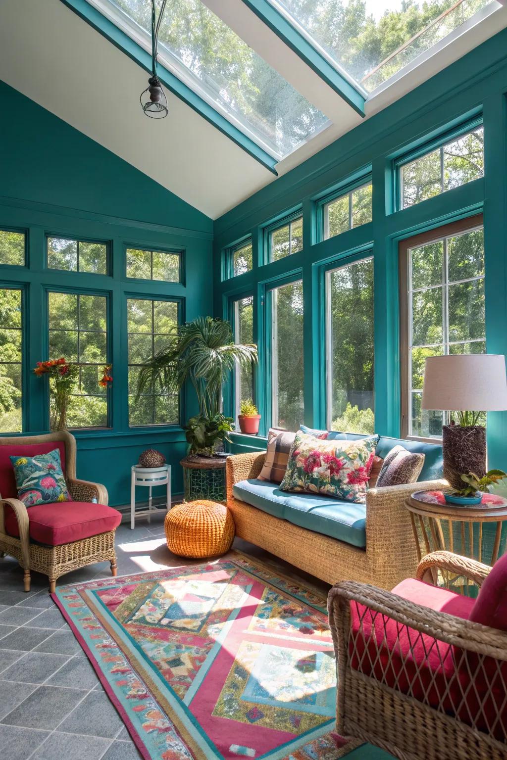 Cyan walls giving the sunroom a refreshing and vibrant look.