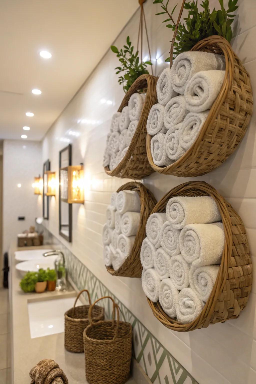 Improve storage with hanging containers that add texture and visual interest to your lavatory.