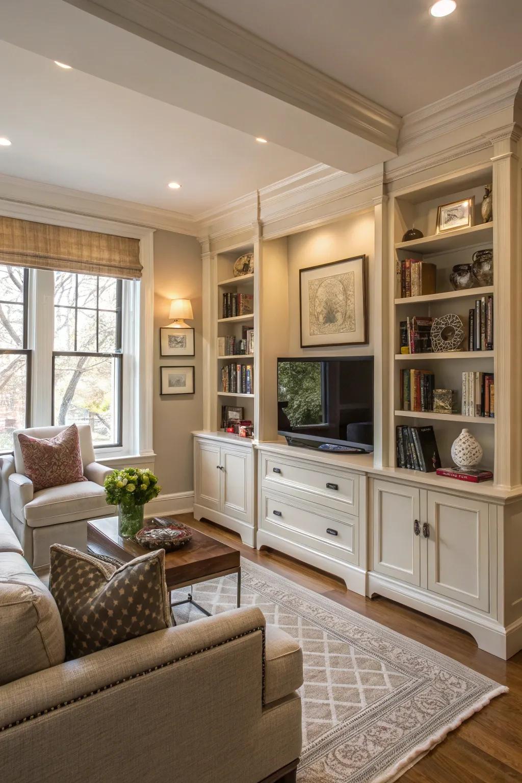 Integrated storage maintains organization and flair within the lounge.