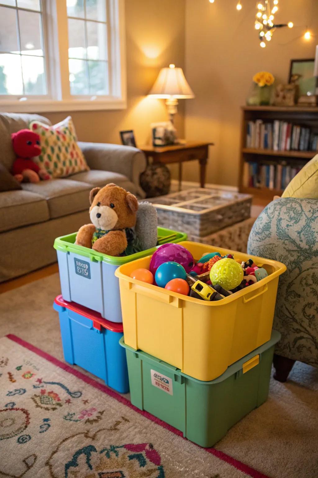 Transportable bins streamline toy safekeeping and cleanup operations.