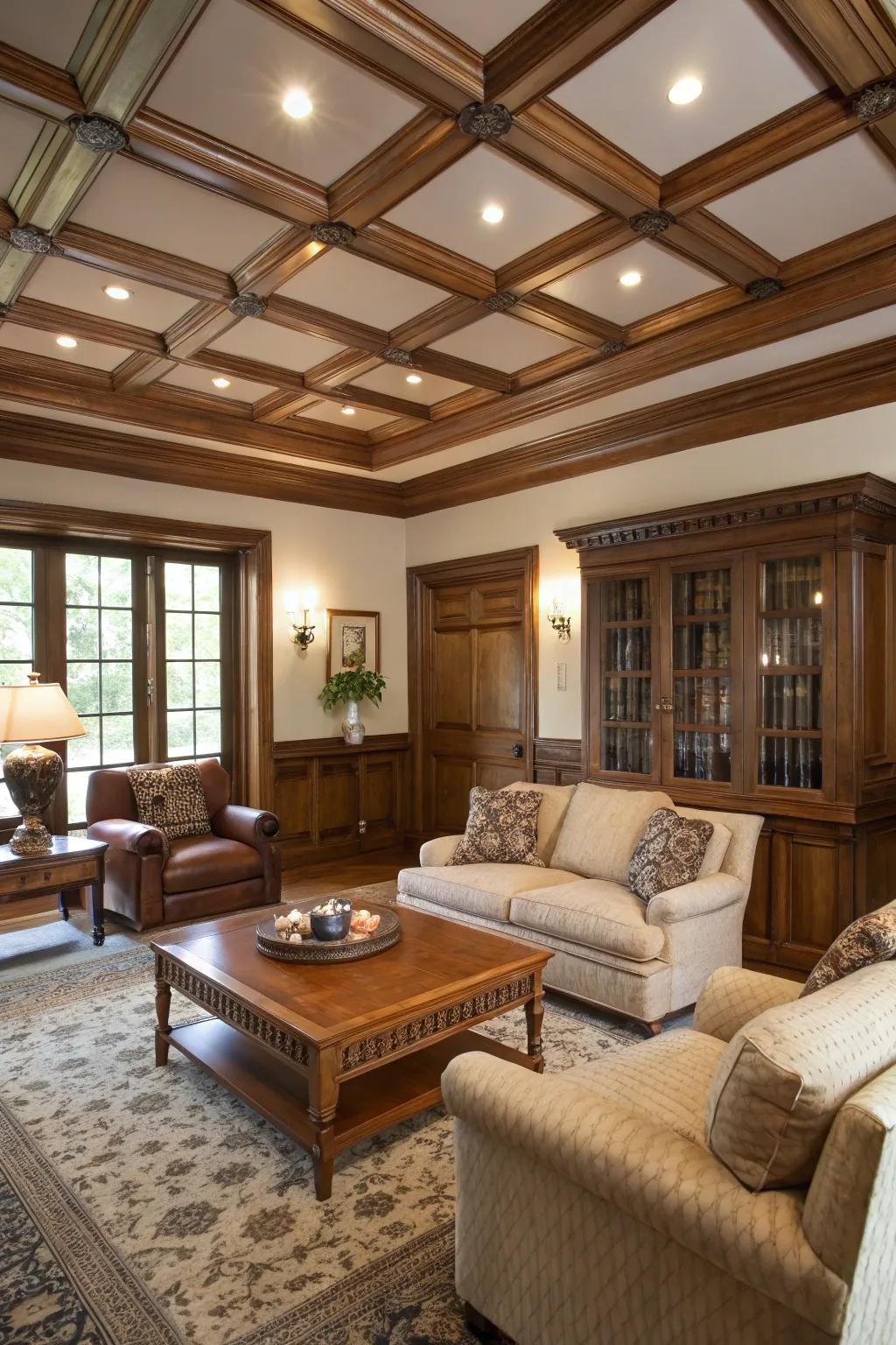Coffered ceilings add sophistication to this traditional relaxation space.