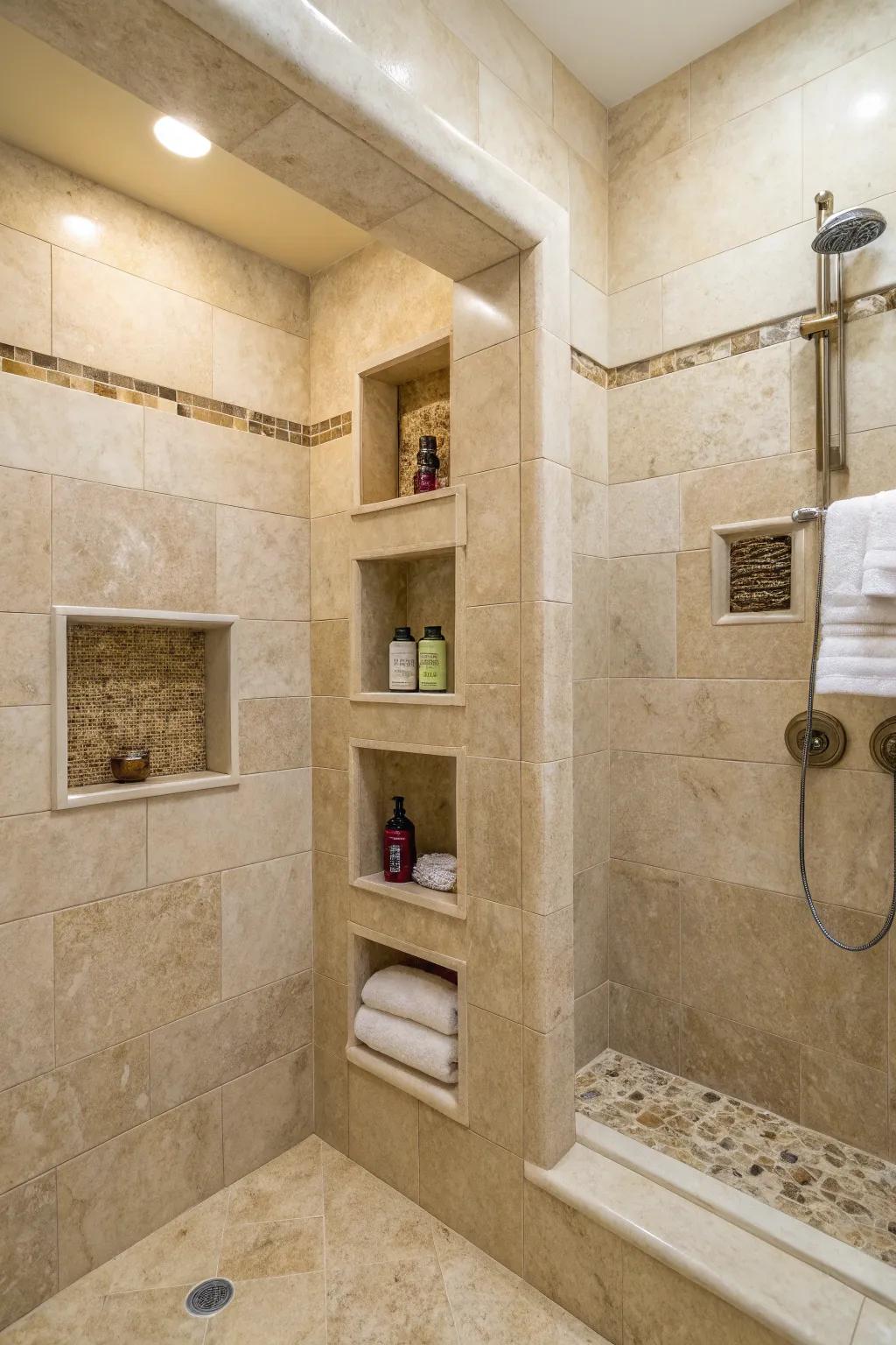 A travertine shower featuring stylish built-in niches for practical storage.