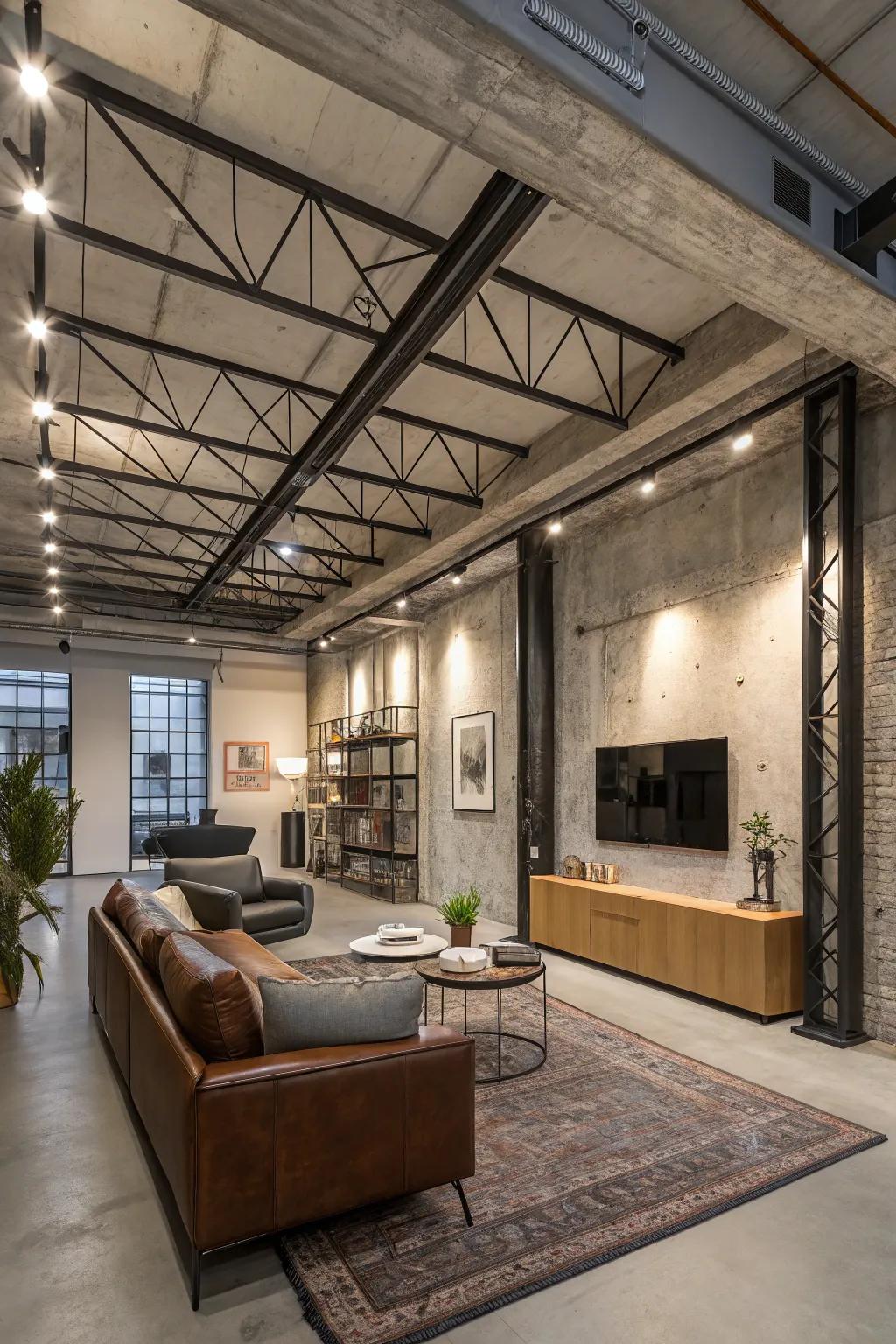 An industrial living room featuring exposed metal beams on a tray ceiling.