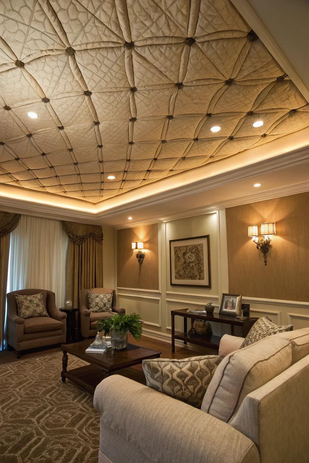 A cozy room showcasing a tray ceiling with fabric upholstery.