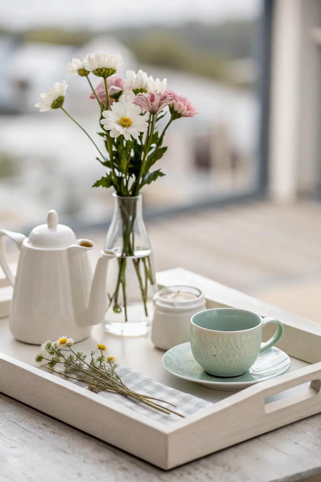 Uphold simplicity using minimalist tray decor.