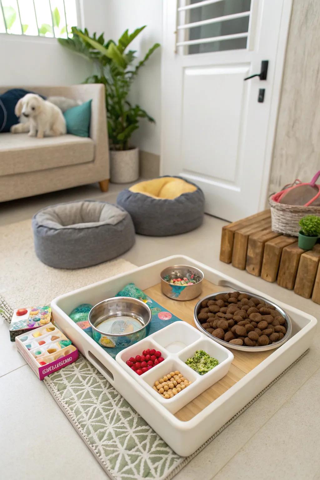 A coordinated animal friendly zone with animal items.