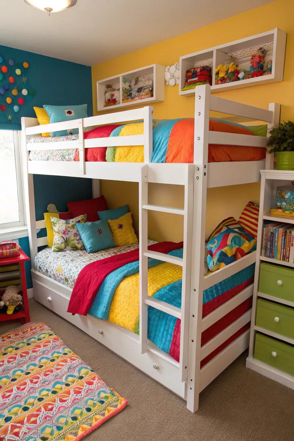 Dynamic and fun color-blocked triple bunk beds for visual interest.