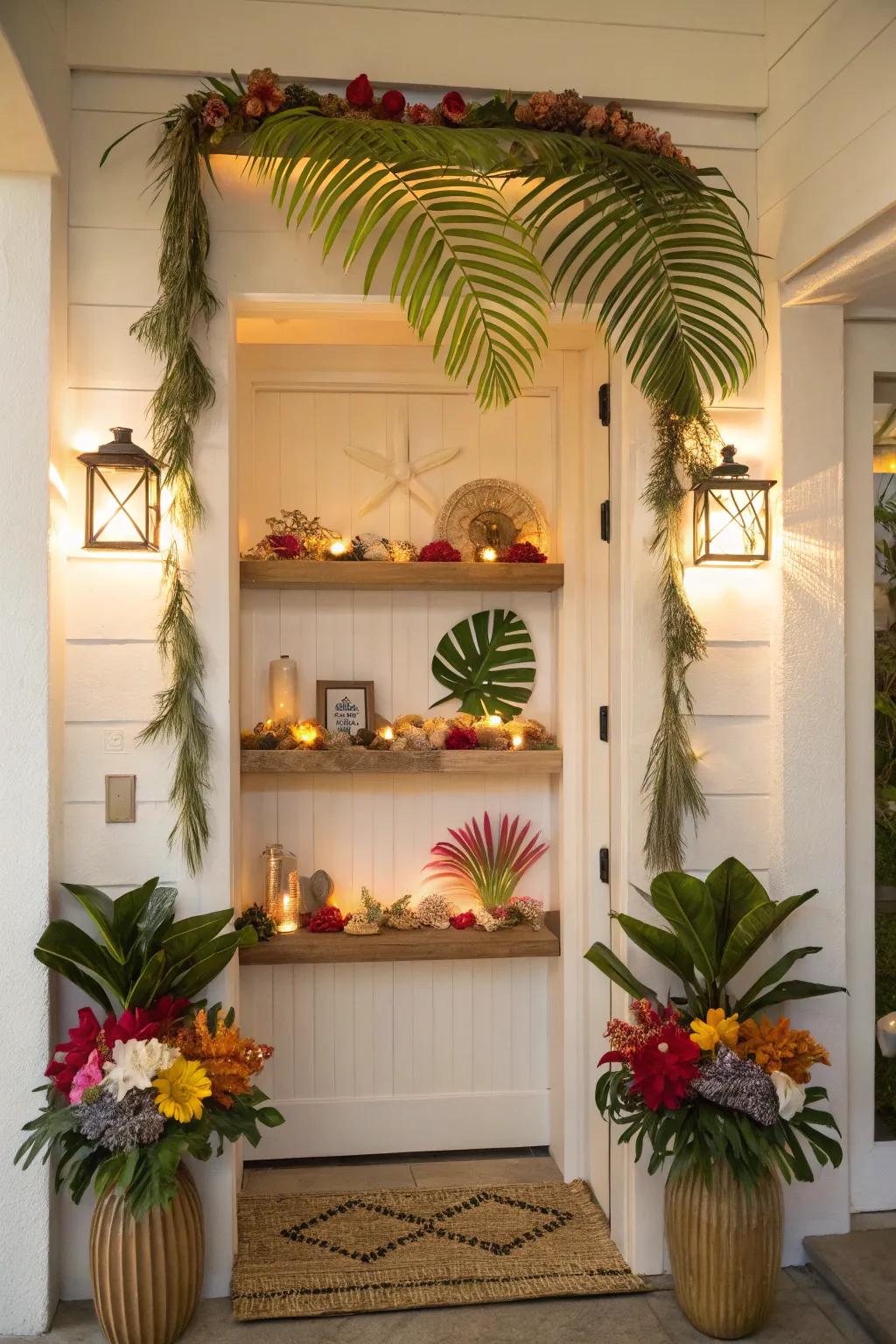 Elevated planes showcase tropical decor and souvenirs in the entryway.