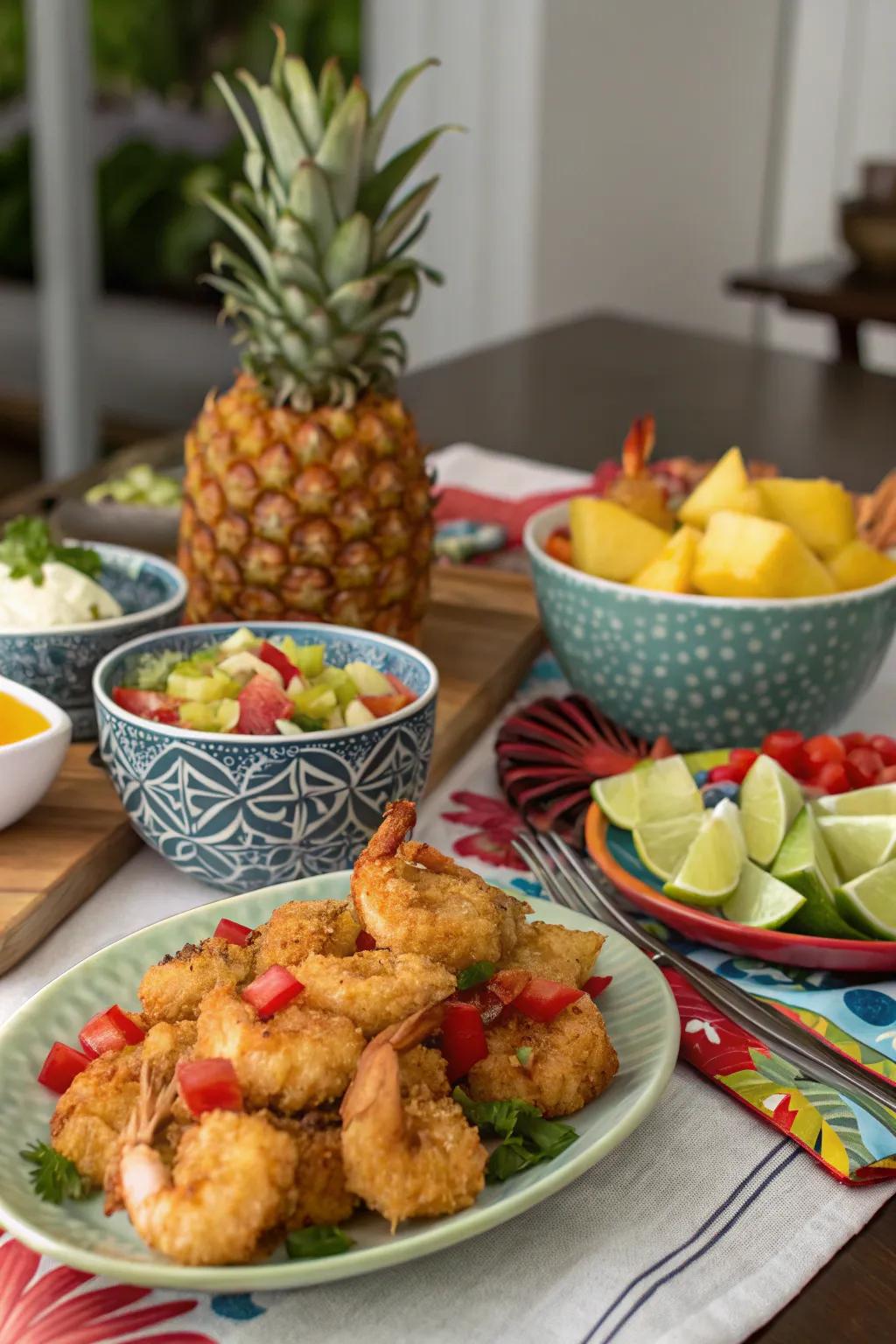 A tropical-themed dinner dissemination for a flavorful evening.