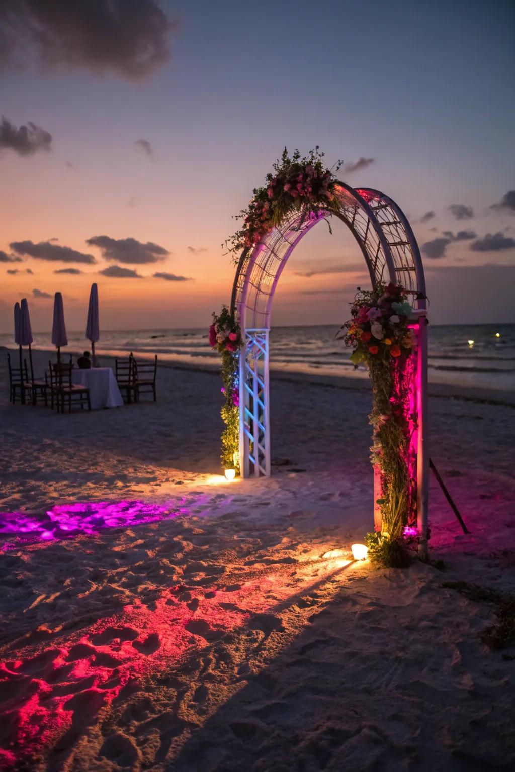 A vibrant neon arch lighting up the night ceremony.