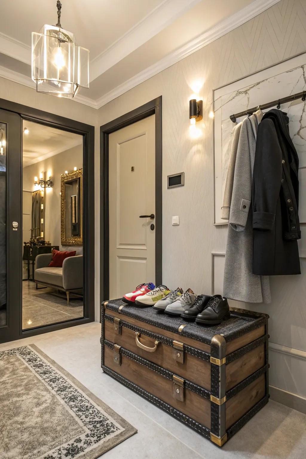 A trunk offering a quirky and charming solution for shoe storage, enhancing the entryway's appeal.