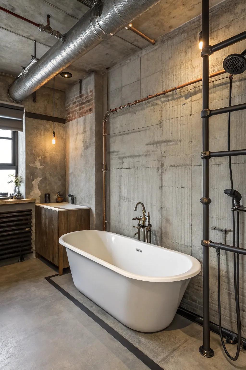 Metallic accents append an industrial chic vibe to the tub zone.
