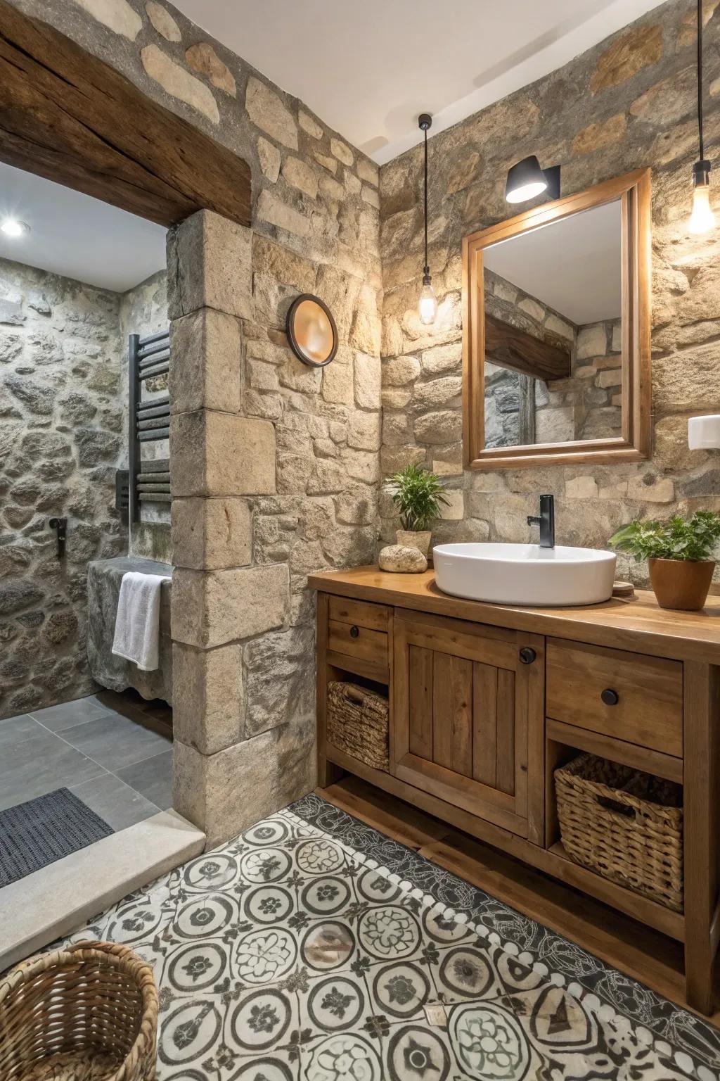 An eclectic blend of textures adds depth and personality to the bathroom.