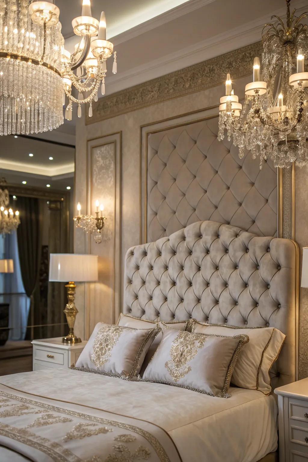 A glamorous bedroom showcases a luxe tufted headboard.