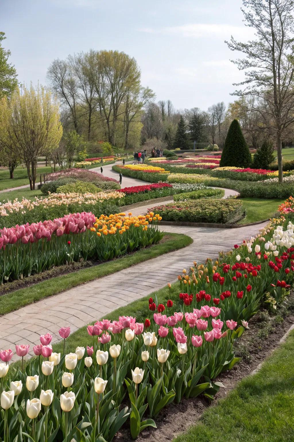 A garden exploring diverse tulip layouts, each offering unique charm and style.