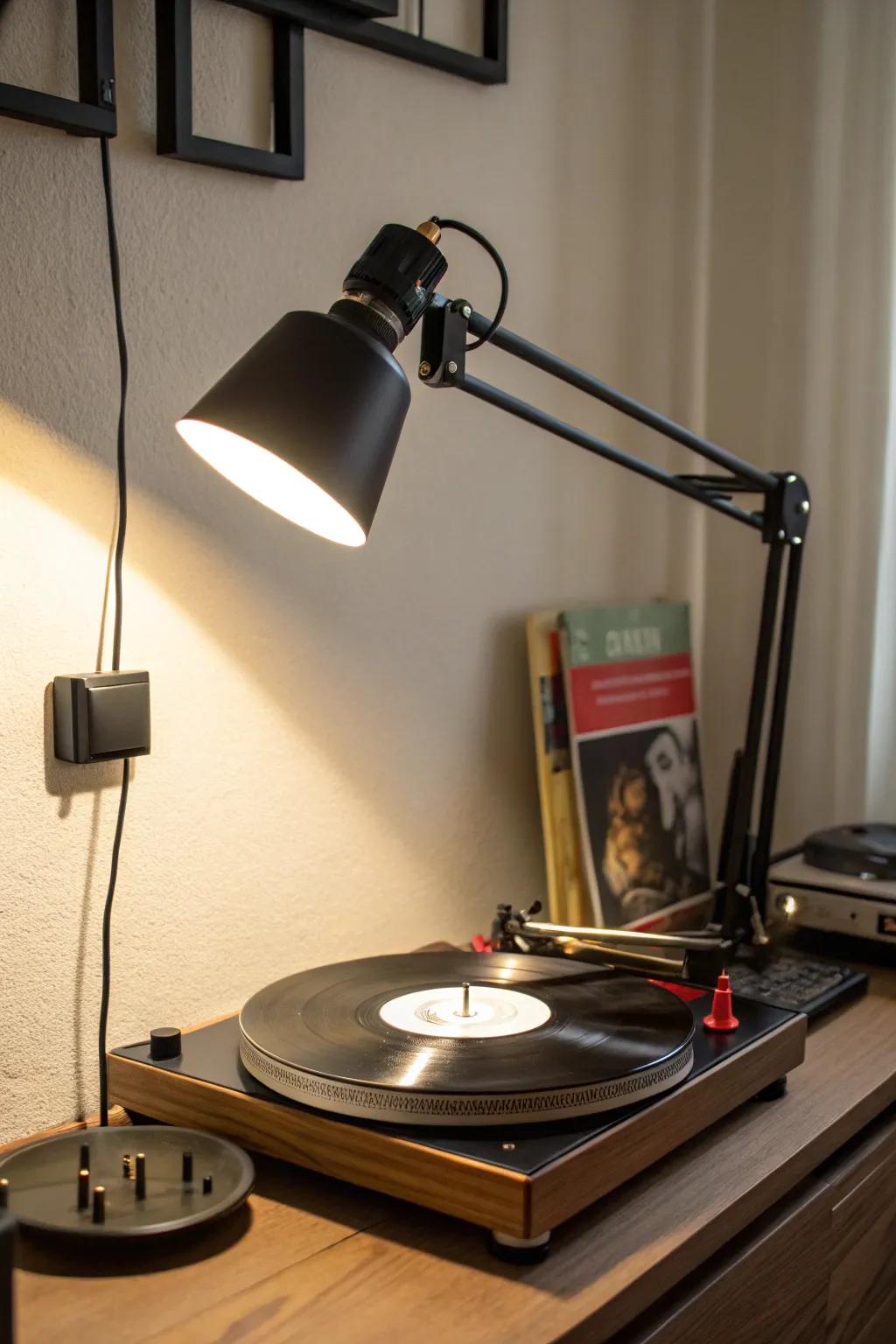 An adjustable arm lamp offering adaptable lighting for a record player.