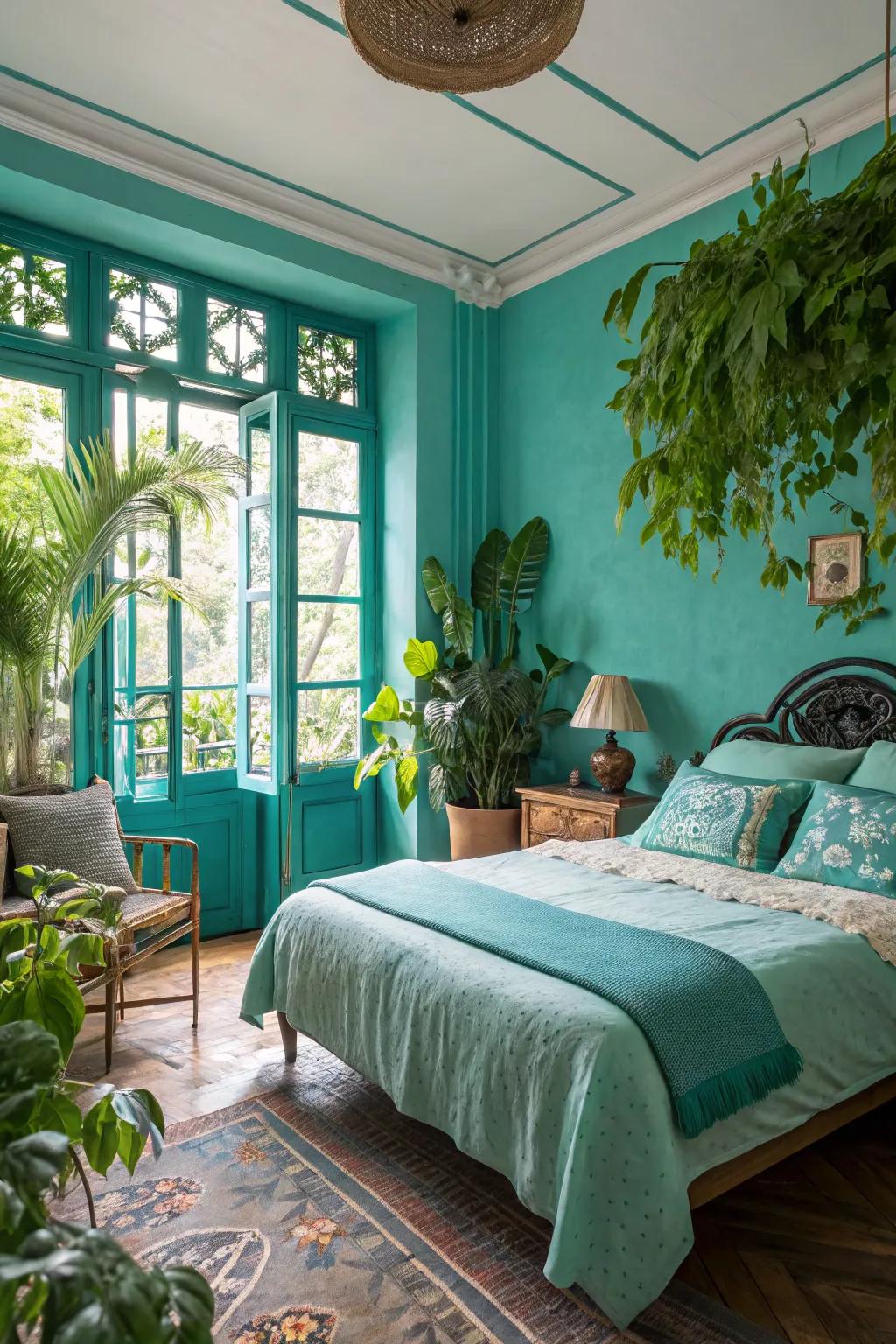 By uniting turquoise alongside verdant life forms, a lush, dynamic essence permeates this boudoir.