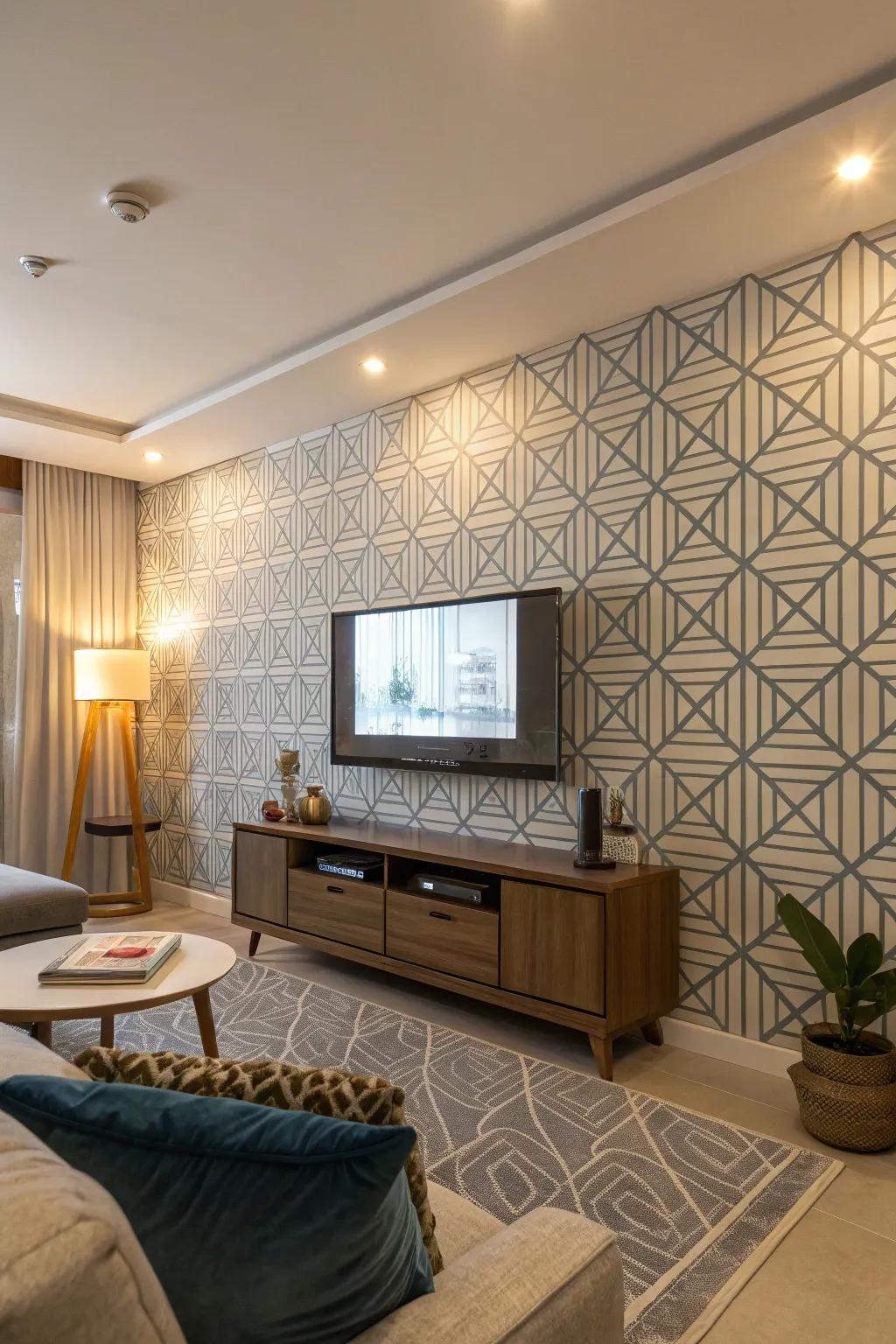 Geometric wallcovering introduces a modern twist to this TV feature wall.