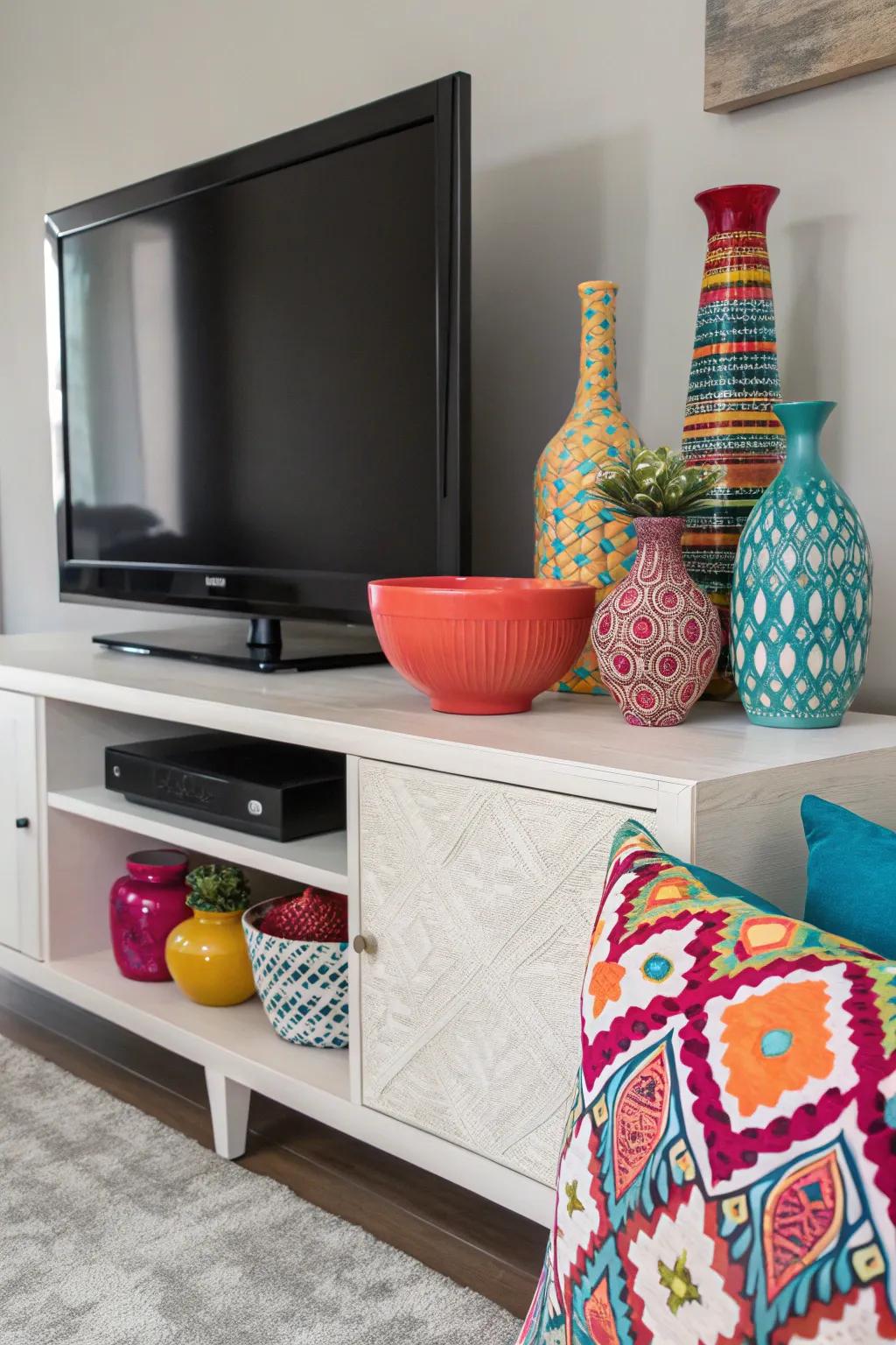 Bold colors create a lively media console.