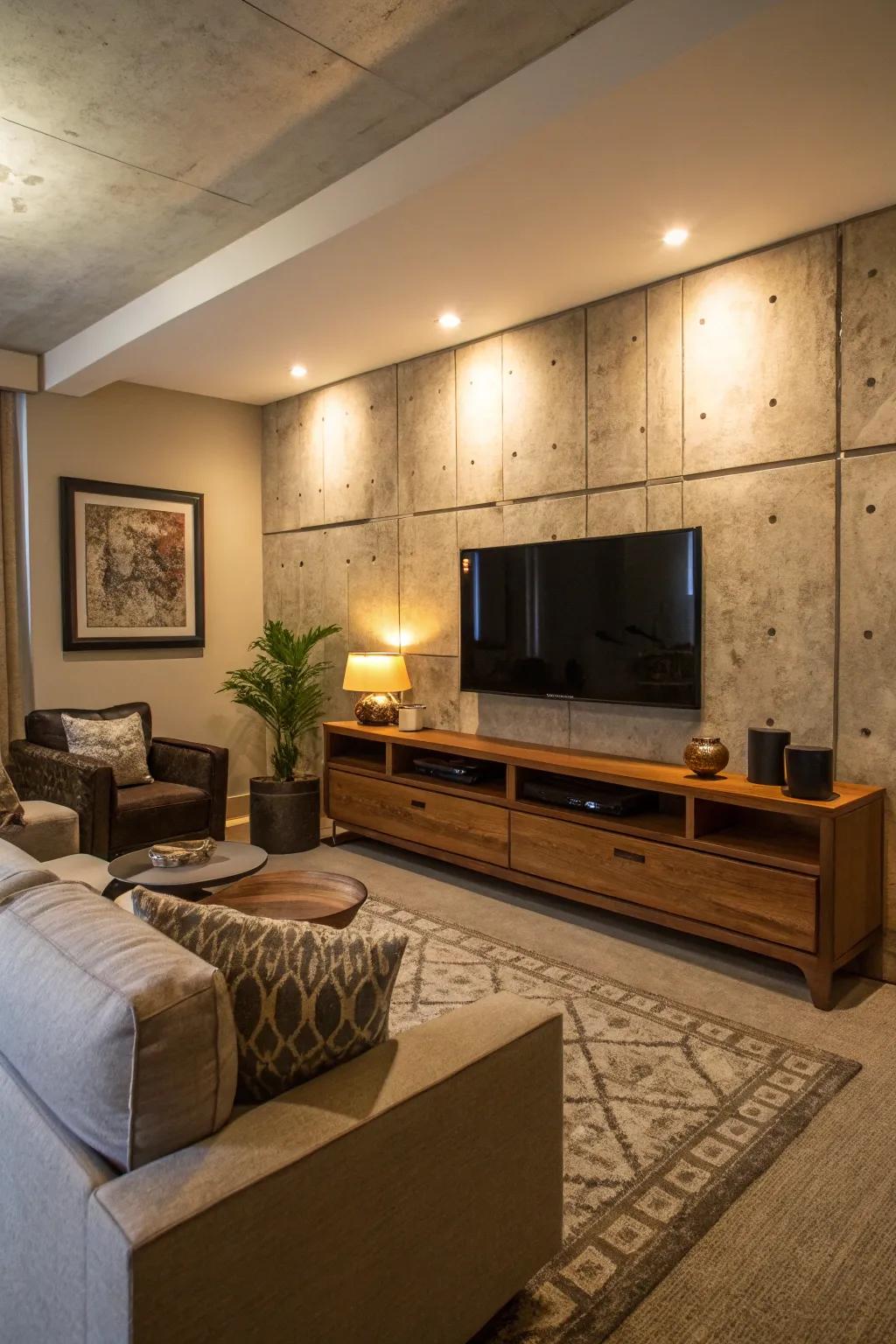 A modern industrial-style TV wall highlighted by concrete finishes.