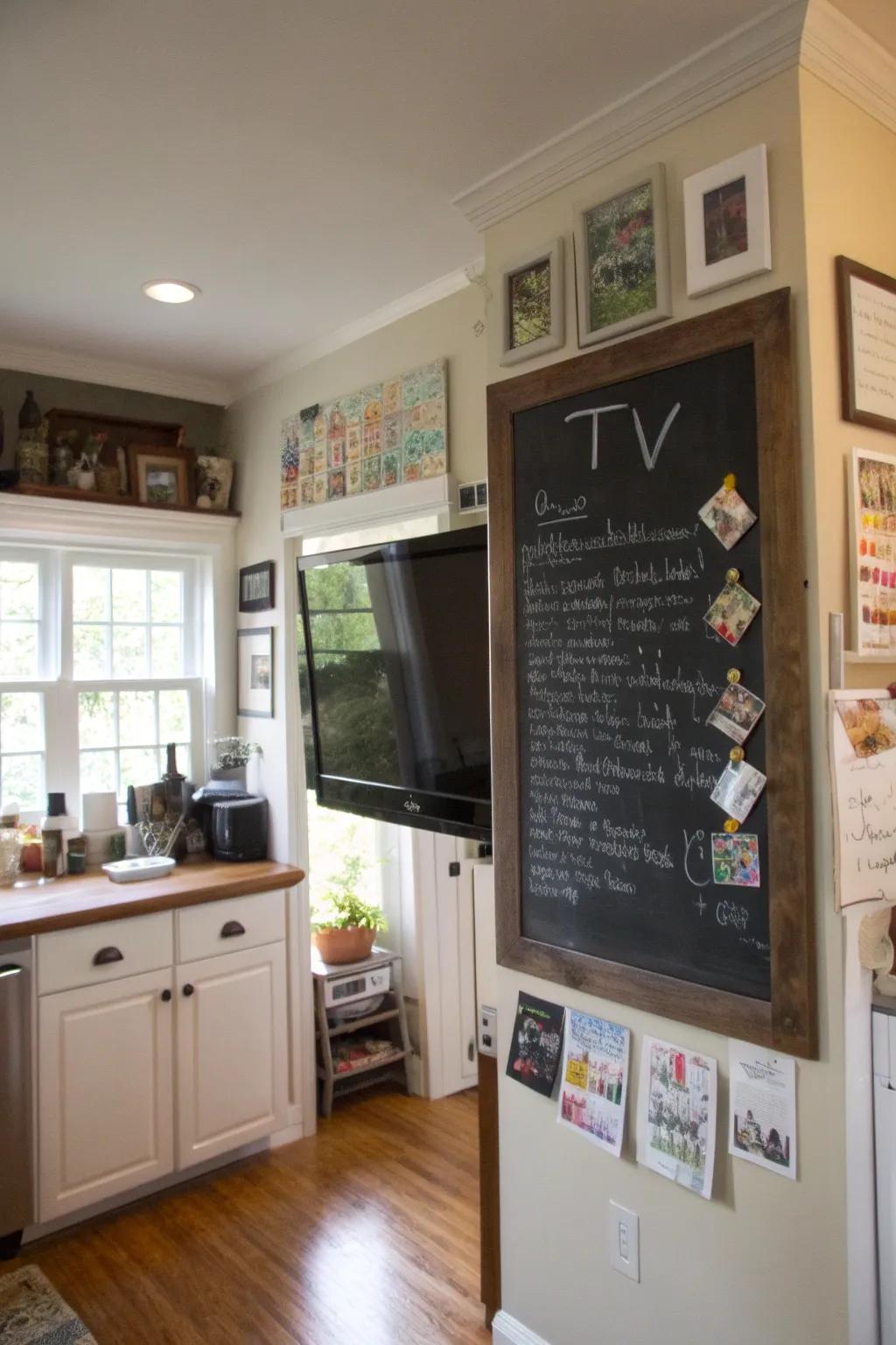 A writing board-surrounded panel display in the cooking area, introducing functionality and creativity.