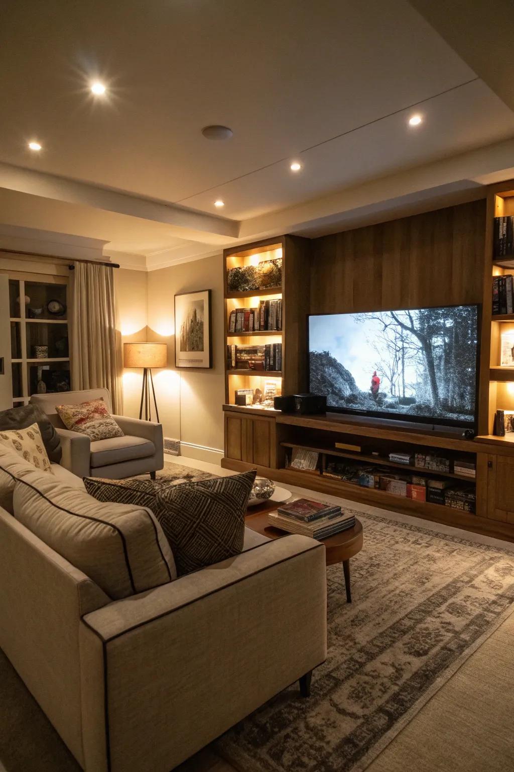 Lighting sets the atmosphere and emphasizes the room's key features.