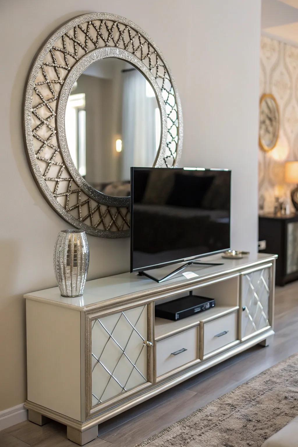A looking glass adds depth and light to your TV stand décor.