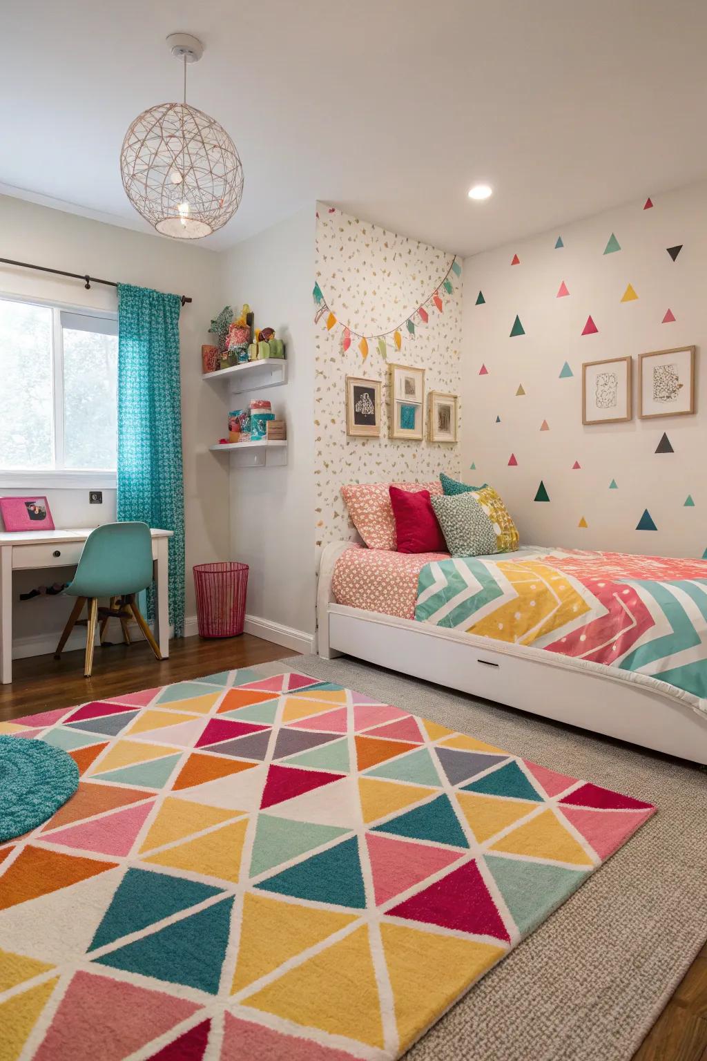 Geometric patterns add a contemporary edge to any tween bedroom.