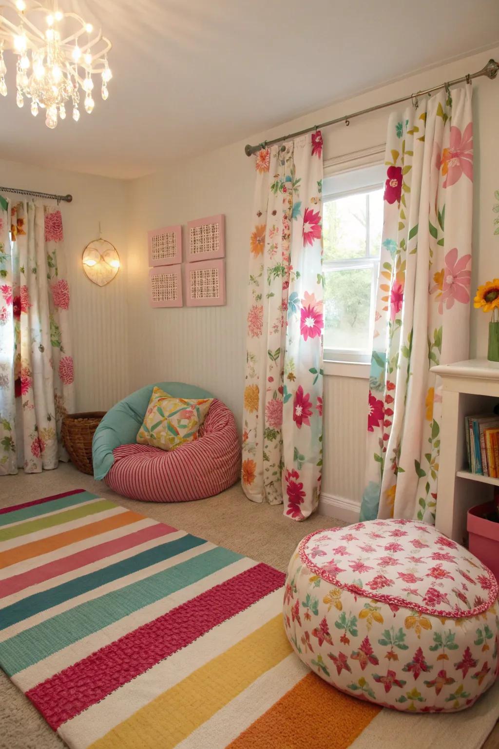 Dynamic mix of textures featuring cushions, floor coverings, and curtains.