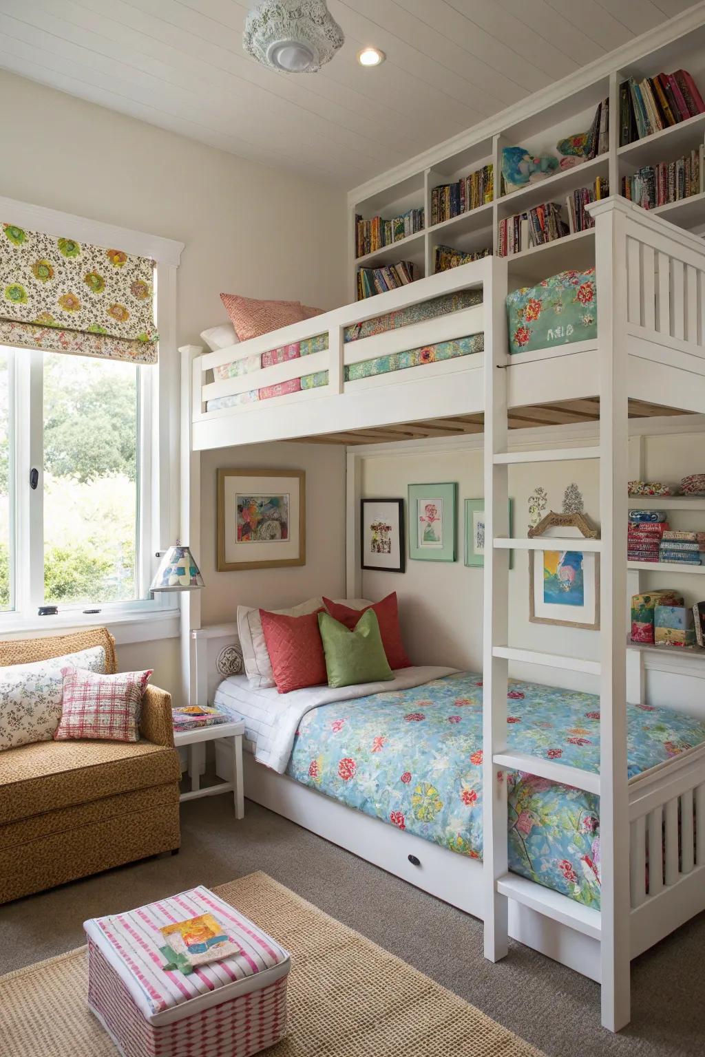 High beds create additional space in the twin room.