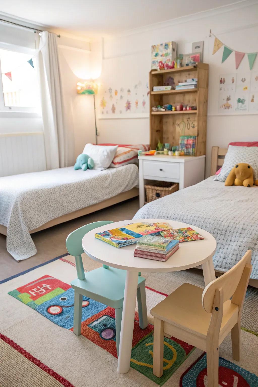 A play zone encourages creativity and sisterly bonding.