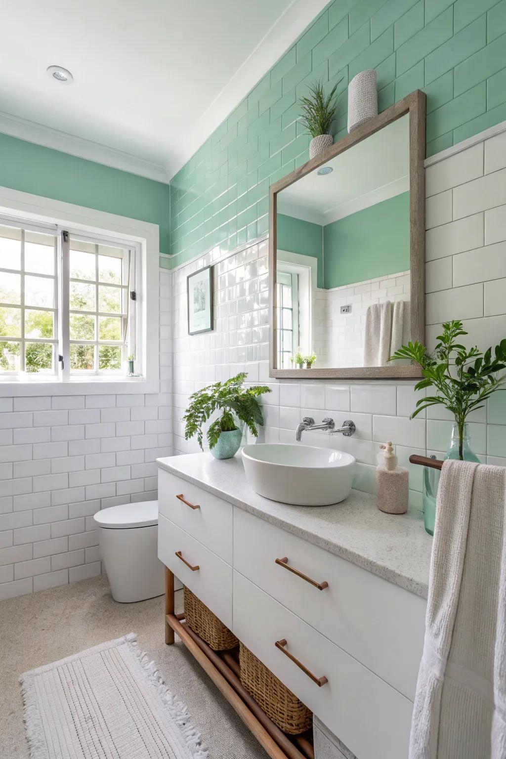 A fresh spearmint and white two-tone wall scheme that presents a clean, airy look.
